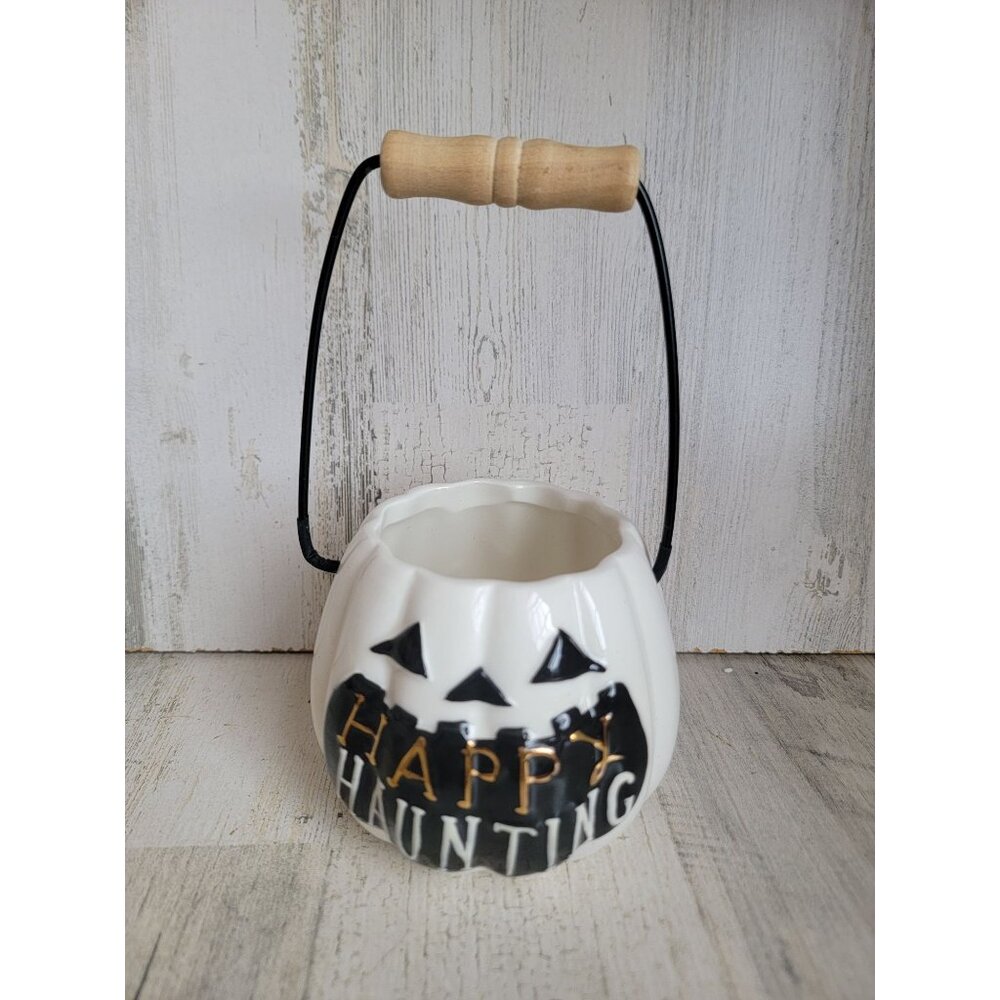 White pumpkin Happy Haunting Halloween ceramic bucket